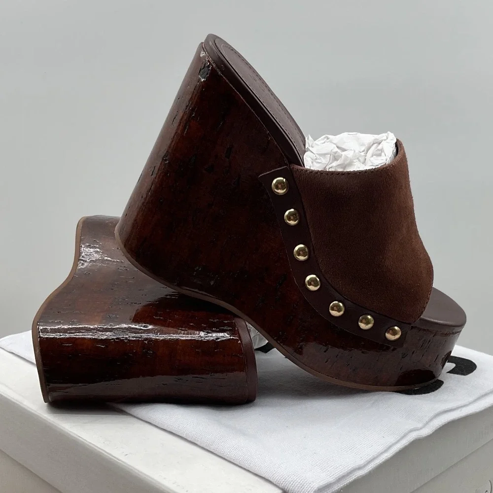 Schutz Brown Suede Platform Wedge Mules Studded Wood Grain Sandals Womens